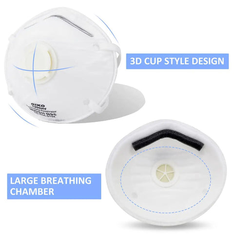 N95 Face Mask With Breathing Valve Pack Of 15 For Adults NIOSH Certified Cup Style Particulate Mask White Disposable Masks For Men And Women Great For Everyday Use At Work Or Travel Safe And Comfortable All Day, showing 3D cup style and breathing valve