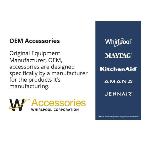 Whirlpool Corporation OEM accessories brands including Maytag, KitchenAid, Amana, JennAir logos on a blue and white background.