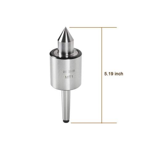 MT1 live tailstock center, silver metal with conical tip, 5.19-inch tall