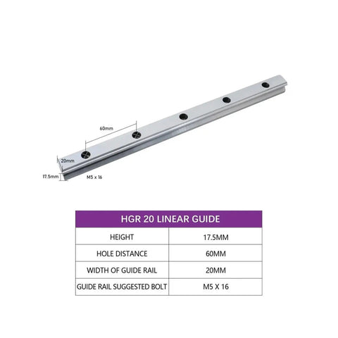 Heavy Duty Linear Motion Guide Rails And Sliders 200 To 500mm HGR20 DIY Automation Kit, 20mm rail, 17.5mm height