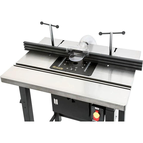 Solid Black Router Table With Precision Height Lift Slick Woodworking Station with reinforced steel and precise lift.