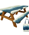 Six Foot Polyester Picnic Table Cover Set With Bench Covers Windproof Waterproof For Camping RV Trips Includes Carrying Bag Measures 72 By 30 Inches Four Pieces Blue shown on a wooden picnic table with a matching tote bag.