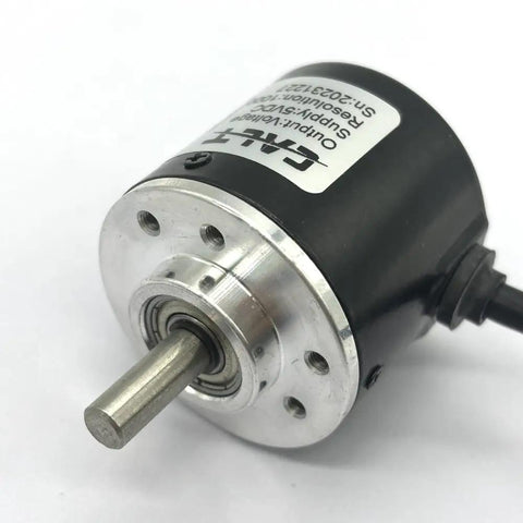 Front view of Smooth 1000PPR Incremental Encoder With A And B Quadrature Signals 90 Degree Phase For Microcontrollers 5V Output 6mm Solid Shaft Includes 2m Cable Totally Awesome For Arduino Projects.