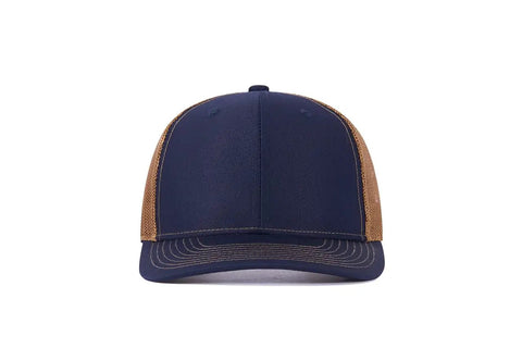 Front view of Western Farm Tractor Trucker Hat With Embroidered Design Custom Text Adjustable Mesh Back Cap Navy Brown Polyester