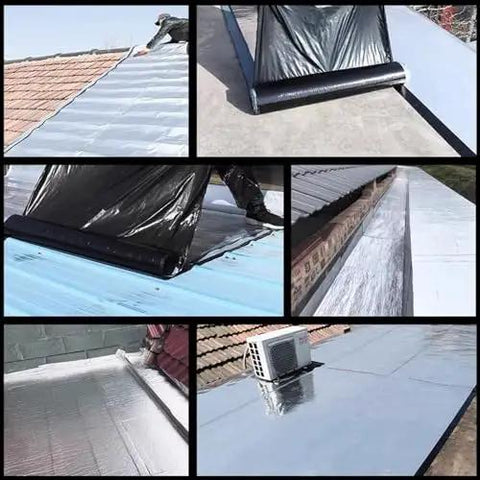 Straight Up Heavy Duty Self Adhesive Waterproof Bitumen Sealant Tape For Roof And Pipe Leak Fix being applied on different roof surfaces.