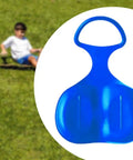 Heavy Duty Snow Sled For Winter Fun And Family Thrills, Large Luge Board in blue on grass, easy grip handle shown