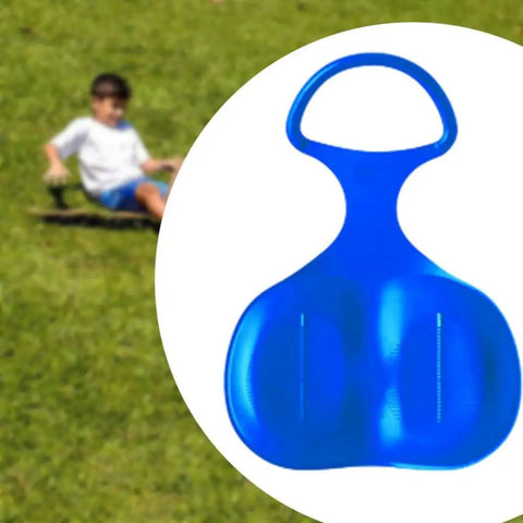 Heavy Duty Snow Sled For Winter Fun And Family Thrills, Large Luge Board in blue on grass, easy grip handle shown