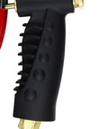 Close-up of black ergonomic grip on Analog Pistol Grip Inflator With Pressure Gauge, 36 Inch Hose, Ball Chuck, Assembled In USA