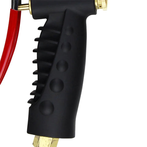 Close-up of black ergonomic grip on Analog Pistol Grip Inflator With Pressure Gauge, 36 Inch Hose, Ball Chuck, Assembled In USA