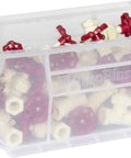 Clear plastic storage bin holding small red and white items, part of Space Saving Stackable Plastic Storage Bins Set Clear 12 Pack For Garage Pantry Craft Room Closet Organization Holds Up To 60 Lbs 15 X 8 X 7 Inches Ideal For Home Use And Workbench Or Craft Areas Grab And Go Organization