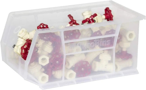 Clear plastic storage bin holding small red and white items, part of Space Saving Stackable Plastic Storage Bins Set Clear 12 Pack For Garage Pantry Craft Room Closet Organization Holds Up To 60 Lbs 15 X 8 X 7 Inches Ideal For Home Use And Workbench Or Craft Areas Grab And Go Organization