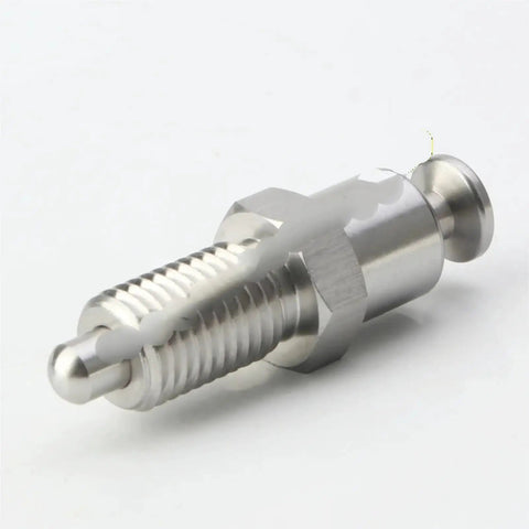 Workhorse Indexing Plunger With Hand Retractable Spring Pin Locking Screw Precision Threaded Bolt angled view in durable steel.