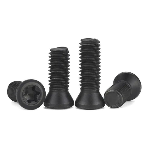 Four M2.5 X 6mm Grade 12.9 High Tensile Torx Screws in black oxide finish for CNC lathe tool insert replacement.