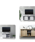 Three living room setups featuring TV stands with barn door designs, showcasing storage options and decorative elements in modern settings.