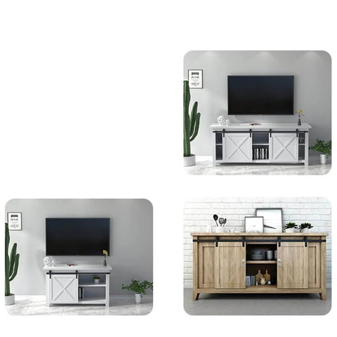 Three living room setups featuring TV stands with barn door designs, showcasing storage options and decorative elements in modern settings.