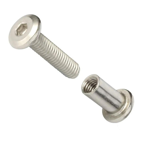 M6 X 35mm Socket Cap Bolts With Barrel Nuts For Furniture Assembly Are Total Badasses featuring stainless steel, detailed view of bolt and barrel nut.