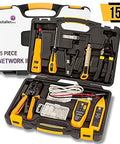 Badass 15-In-1 Network Tool Kit 2 Pack Heavy Duty Ethernet Crimper for Cat5 Cat6 Cables with Builder Tester Wire Stripper Punch Down Screwdriver Durable Carry Case, organized display of tools in case.