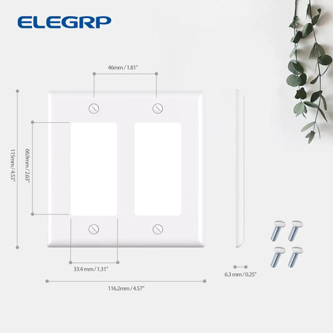 2-Gang Decorator Wall Plate Cover Glossy White, Standard Size 4.53 Inches High By 4.57 Inches Long with screws, side view