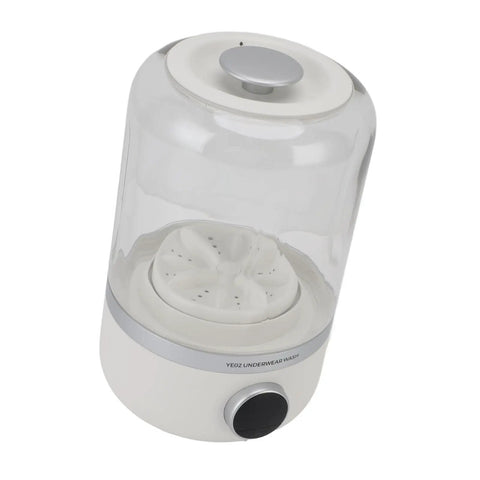Portable Mini Washing Machine With Rechargeable Power Pocket Sized Laundromat Lightweight Compact Washer in white with clear top.