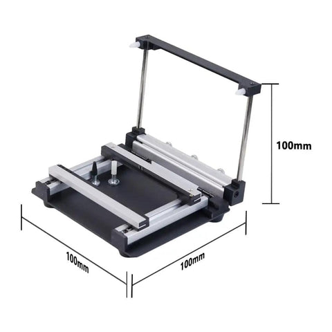 Manual SMT Solder Paste Printing Table With Steel Mesh, Small Screen Printing Station, showing adjustable frame and dimensions