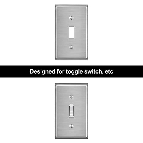 Toggle Switch Metal Wall Plate 1 Gang Stainless Steel Light Switch Cover Brushed Finish Industrial Grade Corrosion Resistant Standard Size 10 Pack Silver, showing front view.
