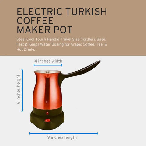 Electric Turkish Coffee Pot Kettle With Cool Touch Handle And Stainless Steel Body Travel Size 0.3L Fast Boil In Minutes And Keeps Water Boiling For Arabic Greek Coffee And Tea Red shown in side view with dimensions.