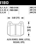 Hawk HB180 brake pad; 3.02 in wide by 2.64 in tall; fits Alfa Romeo, BMW, Lotus, Nissan, Opel.