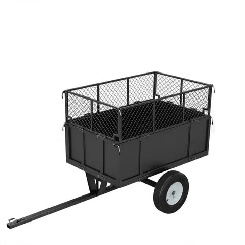 Heavy Duty Steel Utility Dump Cart With 750 LB Capacity And 17 Cu Ft Bed Removable Mesh Sides Pneumatic Tires Tow Behind