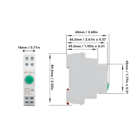 Dimensions and side view of Heavy Duty DIN Rail Mount Push Button Switch 230V AC 2NO 2NC for control panels.