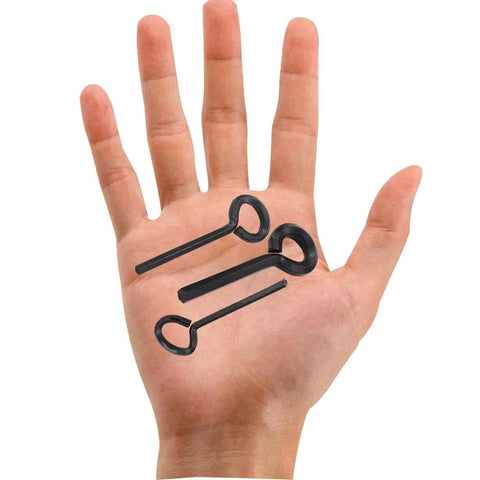 15 Piece Black Hex Dogging Key Kit With Full Loop shown on hand, includes 1/8, 5/32, 7/32 inch sizes, solid metal, easy access