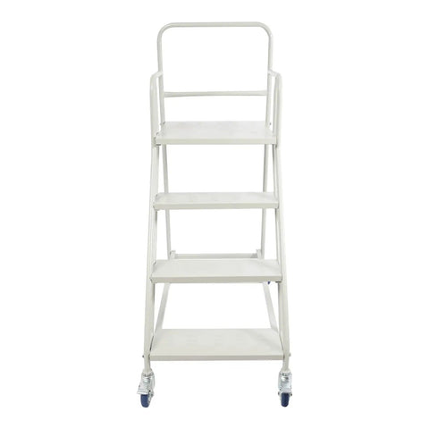 Industrial Four Step Rolling Ladder With Smooth Glide Casters And Non Slip Treads For Daily Shop Grinds, front view.
