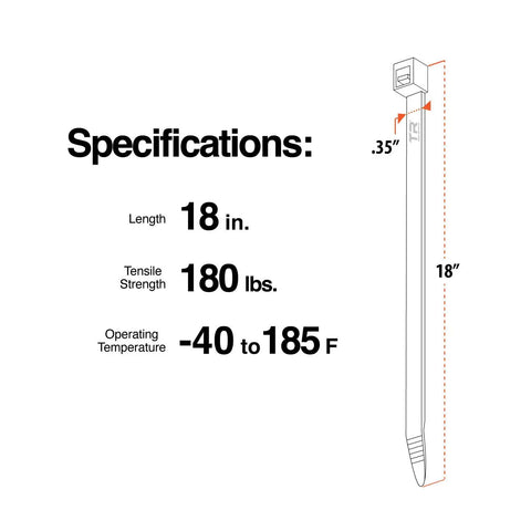Specifications of Heavy Duty UV Resistant Black Cable Ties 18 Inch 50 Pack Industrial Strength Six By Six Nylon Up To 180 Lbs
