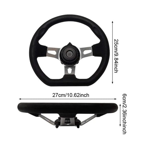 Front and side view of 270mm 3 Spoke Steering Wheel for Go Karts and Off Road Vehicles PU Foam Comfortable Grip Metal Core Universal 3 Hole Mount