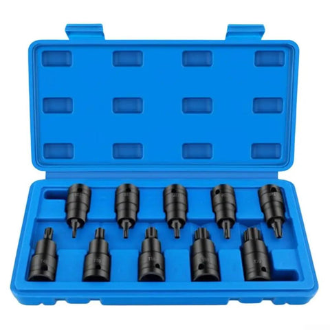 Rock Solid 10PC Socket Adapter Set With 1/2 Inch Drive Bit Holder Featuring T20 To T70 Star Head Screwdriver Bits Made From Heavy Duty Chrome Vanadium Steel For All Your Tough Jobs And Serious DIY Repairs This Kit Is A Total Game Changer For Any Garage. 10-piece chrome vanadium socket adapter kit in blue case