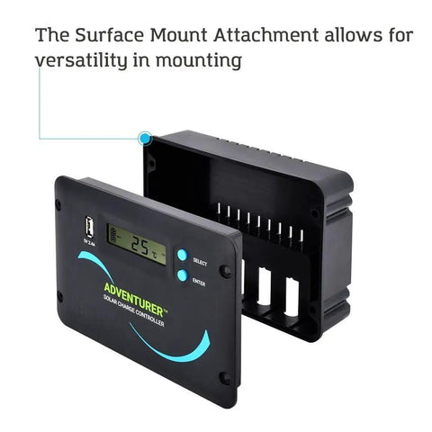 Heavy Duty 30A PWM Solar Charge Controller 12V 24V Auto Sensing with front view display and surface mount attachment.
