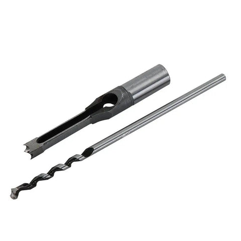 Top Shelf 3/8 Inch Square Hole Drill Bits And Mortising Chisel Set Crafted From Beefy Hardened Steel, showing drill and chisel.