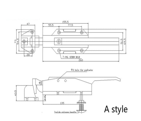 Technical diagram of Heavy Duty Door Handle Hinge Knob Lock Cam Lift Latch Hardware Pull Part Industrial Grade with measurements
