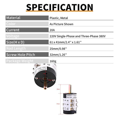 Tire changer switch unit with round black dial and metal terminals; plastic/metal construction for 220V/380V.