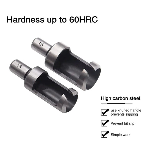 Dead Nuts Accurate Carbon Steel Wood Plug Cutter Drill Bit Set with straight hole saws and marked sizes 13 and 16.