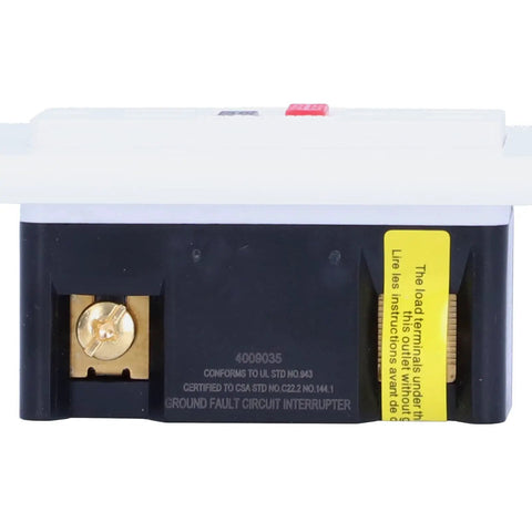 Heavy Hit Smart GFCI Outlet With Built Tough Safety Shutters And Slick 15 Amp 120 V Wall Socket, showcasing socket connections and safety label.