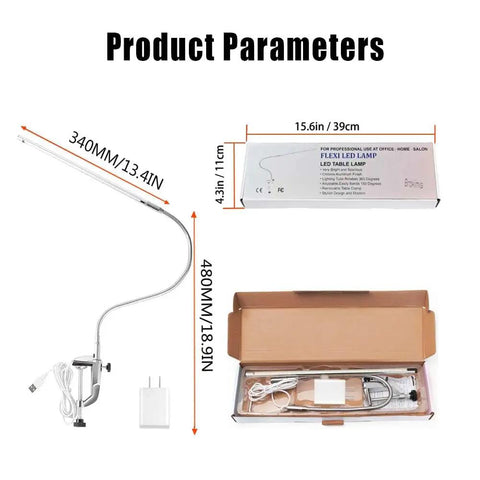 Clip On Desk Light With USB 8W LED For Nail Art And Manicure, Pro Grade Flexible Gooseneck Clip Lamp packaging and dimensions