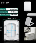 Square Toilet Seat Featuring Elongated 18.5 Inch Profile And Smooth Soft Close Lid with adjustable dimensions shown.