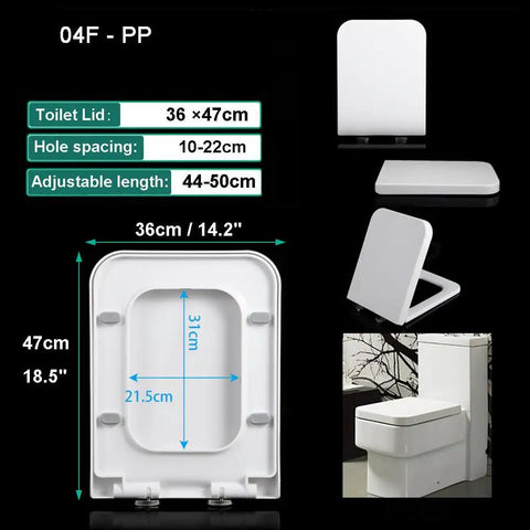 Square Toilet Seat Featuring Elongated 18.5 Inch Profile And Smooth Soft Close Lid with adjustable dimensions shown.