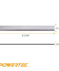 Eight Inch Jointer Knife Replacement Set Three Premium Woodworking Cutting Blades Compatible With Delta And Powermatic Tools showing dimensions and steel material.
