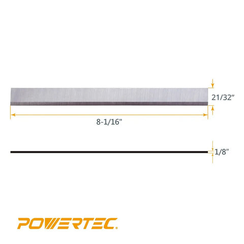 Eight Inch Jointer Knife Replacement Set Three Premium Woodworking Cutting Blades Compatible With Delta And Powermatic Tools showing dimensions and steel material.