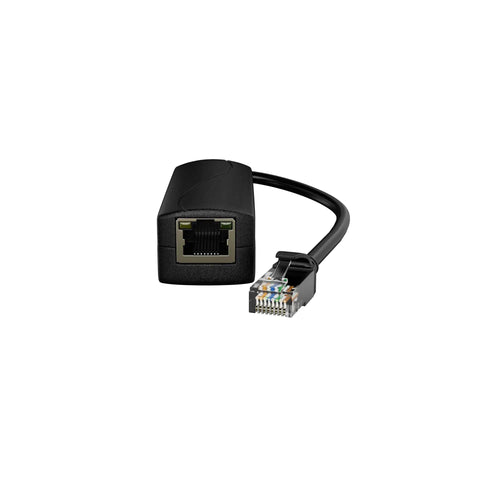 Check Out This Adnet 48V To 24V Passive PoE Converter Inline Adapter With Rj45 Male Female Ends, black casing with connectors.