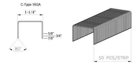 Heavy Duty Copper Coated C Type Carton Closing Staples 1 1/4 Crown X 3/4 Leg dimensions and specifications diagram.