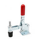 Vertical Hold Down Clamp With Quick Action Toggle for woodworking on galvanized iron workbench, red handle, lateral view