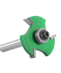 Green Z3 8mm Bearing Slot Router Bit With Three Carbide Teeth for Fast Cutting And Smooth Edging On Drawer Slides And Hardware Profiles showing cutting edge and metal shaft.