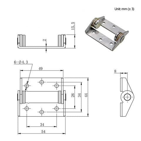 Stainless steel damping torque door hinge, 2.5 Nm, 1 pc, front and side views with mounting holes.